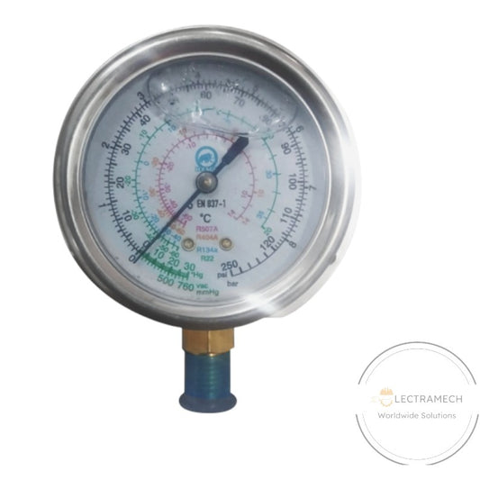 Manometro C/Glicerina de Baja 0 – 120PSI conex. inf. 1/4″ SAE/68mm – R22-134A-404A-507A con flange